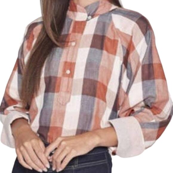 Joie Tops - Joie Top Cider Orange Dia Plaid Button Front Long Puffy Sleeve Woman Size M
